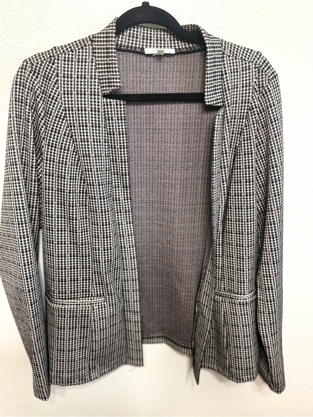 Maurices Houndstooth Plaid Open Front Blazer Size Medium Black White Lavender